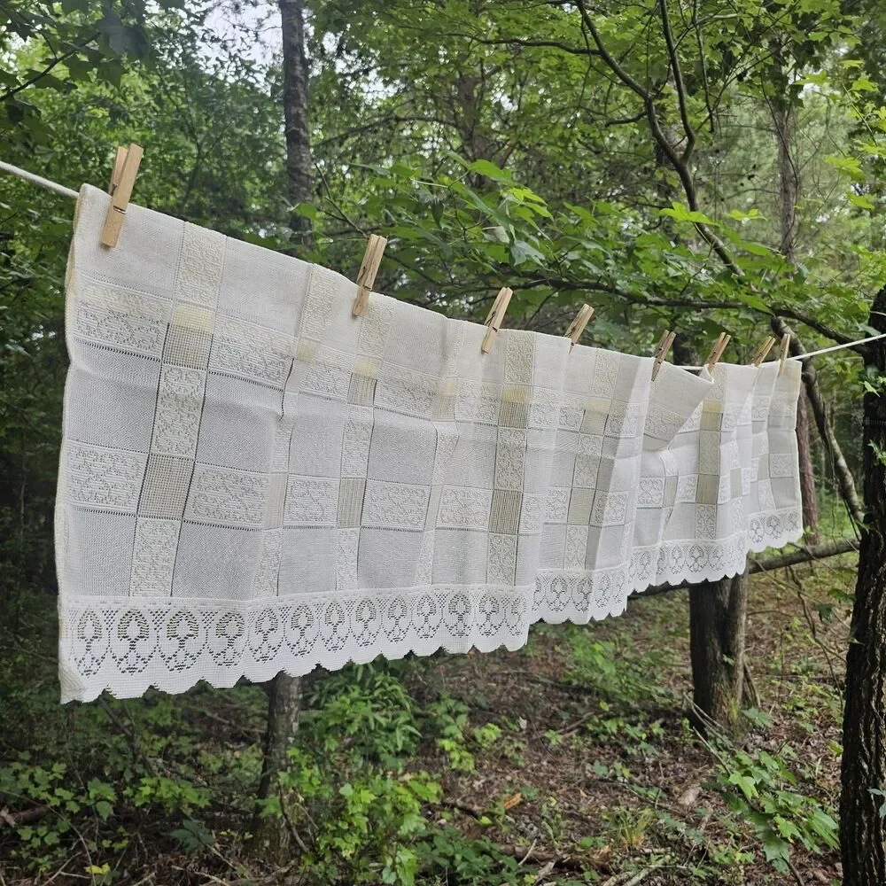 Vintage Cream & Butter Yellow Checkered Sheer Lace Valance - Cottage, Grannycore